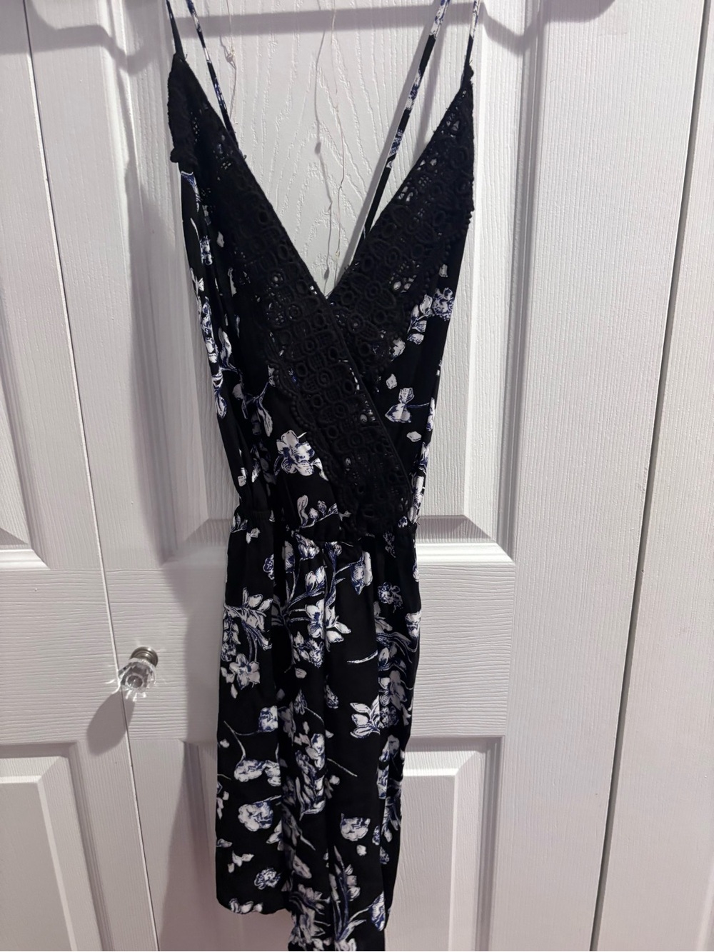 Black Floral Lace-Trim Spaghetti-Strap Romper